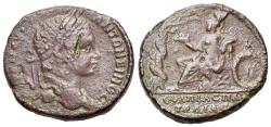Ancient Coins - Thrace. Pautalia. Caracalla (AD 198-217) Æ 28mm Athena seated left on throne, feeding from patera serpent coiled around tree