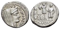 Ancient Coins - ROME REPUBLIC L. Aemilius Lepidus Paullus. 62 BC. AR Denarius. Rome mint. R/ Trophy, three captives (King Perseus of Macedon and his two sons) and Paullus