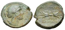 Ancient Coins - Sicily, Syracuse. Agathokles (317-289 BC). Æ Trias. Bust of Artemis Soteira R/ Winged thunderbolt