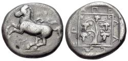 Ancient Coins - Thrace, Maroneia, c. 386/385-348/347 BC. Apelleo (...), magistrate. AR Stater. Horse jumping. Vine with five bunches of grapes in square, surrounding the official's name.