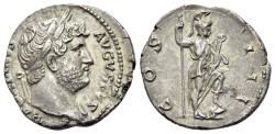 Ancient Coins - Hadrian (117-138). AR Denarius. Rome. Laureate bust of Hadrian. Roma standing facing, holding spear and parazonium.