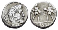 Ancient Coins - ROME REPUBLIC L. Titurius L.F. Sabinus (89 BC) AR Denarius R/ Two soldiers each carrying off a Sabine woman in his arms.