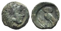 Ancient Coins - ITALY Northern Lucania, Velia, c. late 5th century BC. Æ 15mm. Head of Herakles R/ OWL