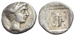 Ancient Coins - Lycia, Masikytes, c. 1st century BC. AR Diobol. Bust of Artemis. R/ Λ-Y/M-A, Quiver, bow