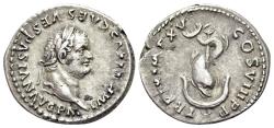 Ancient Coins - Titus (Caesar, 69-79). AR Denarius. Rome. Laureate head to right. R/ Dolphin coiled around