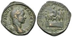 Ancient Coins - Severus Alexander (AD 222-235) Æ Sestertius, Rome, 229. R/ Emperor seated on platform,  soldier  and Liberalitas. Rare and interesting type