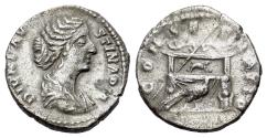 Ancient Coins - Diva Faustina II (Died 175/6). AR denarius. Rome mint, struck ca. A.D. 146-161. R/ CONSECRATIO, draped throne.