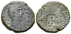 Ancient Coins - Augustus (27 BC-AD 14). Sicily, Agrigentum. Æ 24mm. R/ SALASSO COMITIALE SEX RVFO II VIR L CLODIO / RVFO / PRO COS; c/m: plough within round incuse. RARE