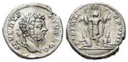 Ancient Coins - Septimius Severus (AD 193-211). AR Denarius. Rome, AD 201. R/ Trophy of arms; captive seated to l. and r.