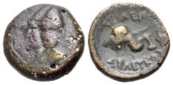 Ancient Coins - Seleukid Kings. Seleukos II Kallinikos (246-225 BC). Æ. Nisibis mint. Jugate, draped busts l. of the Dioskouroi. R/Horned elephant’s head r.