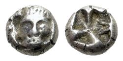 Ancient Coins - Lesbos. Methymna (Circa 500/480-460 BC). AR Tetartemorion. Head of Silenos facing.