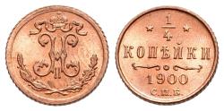 World Coins - Russia, Nicholas II (1894-1917). CU 1/4 Kopek 1900 СПБ, St. Petersburg Mint. UNC with burning mint luster