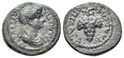 Ancient Coins - Domitia (Augusta, 82-96). Lydia, Philadelphia. Æ 15mm. Lagetas, magistrate.  R/ Bunch of grapes