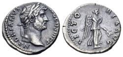 Ancient Coins - Hadrian (AD 117-138). AR Denarius. Rome mint. Struck AD 136. R/ Nemesis-Victory advancing right