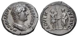 Ancient Coins - Hadrian (AD 117-138) AR Denarius. Rome mint. R/ ADVENTVS AVG. Hadrian standing left clasping hands with Roma