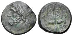 Ancient Coins - Sicily, Syracuse. Hieron II (275-215 BC). Æ 19mm Head of Poseidon R/ Ornamented trident