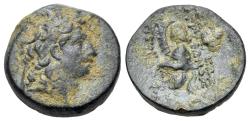 Ancient Coins - Seleukid Kings, Tryphon (c. 142-138 BC). Æ 18mm. R/ Spiked Macedonian helmet adorned with wild goat horns