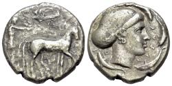 Ancient Coins - Sicily, Syracuse, 466-405 BC. AR Tetradrachm. Charioteer driving quadriga. R/ Head of Arethousa