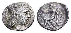 Ancient Coins - Sicily. Himera as Thermai Himeraiai. (Circa 350 BC.)  AR Litra. Head of Hera / Herakles seated