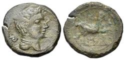 Ancient Coins - Iberia. Kese, Tarragona, Late 2nd century BC. Half. Male head with cloak and fibula on the r.; behind, Te. R/ Horse with loose reins advancing to the r.