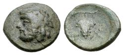 Ancient Coins - Aeolis, Temnos, 3rd century BC. Æ 11mm. Bearded head of Dionysos. R/ Grape bunch on vine