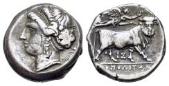 Ancient Coins - ITALY. Campania. Neapolis (Circa 275-250 BC). AR Didrachm or Nomos R/ Man-headed bull NICE !!