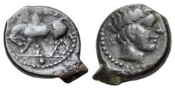 Ancient Coins - Sicily, Gela, c. 420-405 BC. Æ Onkia. Bull standing. R/ Horned head of Gelas
