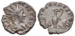 Ancient Coins - Tetricus II (Caesar, AD 273-274). Æ Radiate. Treveri, 272-3. R/ Pontifical instruments: sprinkler, simpulum, jug, and lituus.