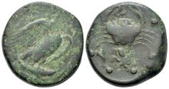 Ancient Coins - Sicily, Akragas, c. 425-406 BC. Æ Hemilitron. Eagle on tunny. R/ Crab; conch shell and octopus below