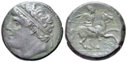 Ancient Coins - Sicily, Syracuse. Hieron II (275-215 BC). Æ 26mm. c. 240-215 BC.  R/ Warrior on horseback