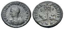 Ancient Coins - Constantine II (as Caesar, 316-337 AD). Æ Follis. Thessalonica, AD 320. R/ Two captives seated at base of banner inscribed VOT/XX