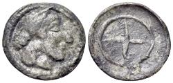 Ancient Coins - Sicily, Syracuse. Hieron I (478-466 BC). AR Obol c. 475-470. Diademed head of Arethusa R/ Wheel of four spokes