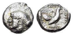 Ancient Coins - Lesbos, Methymna, c. 500/480-460 BC. AR Hemiobol. Head of a nymph R/ Rooster