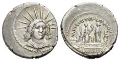 Ancient Coins - ROME REPUBLIC L. Mussidius Longus (42 BC). AR Denarius SOL facing R/ Shrine of Venus Cloacina