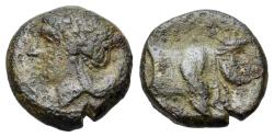 Ancient Coins - ITALY Southern Campania, Neapolis, c. 326-300 BC. Æ 13mm. R/ Forepart of man-headed bull