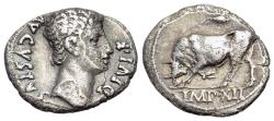 Ancient Coins - Augustus (27 BC-AD 14). AR Denarius. Lugdunum (Lyon) mint. Struck 11 BC. R/ BULL