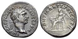 Ancient Coins - Trajan (AD 98-117). AR Denarius. Rome, AD 98. R/ VICTORY SEATED