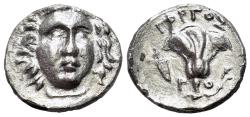 Ancient Coins - Kingdom of Macedon. Perseus (179-168 BC). AR Drachm. Pseudo-Rhodian type issued to Cretan mercenaries in Perseus' campaign against the Roman army.
