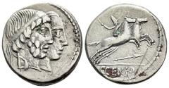 Ancient Coins - ROME REPUBLIC C. Censorinus, Rome, 88 BC. AR Denarius. Jugate heads of Numa Pompilius and Ancus Marcius. R/ Desultor riding one of two horses galloping