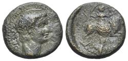 Ancient Coins - Tiberius (AD 13-37), Amphipolis, Macedonia, Æ 17mm R/ Artemis Tauropolos riding bull right