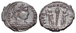 Ancient Coins - Constantine II (Caesar, 316-337). Æ Follis. Treveri, 335-7.  R/ Two soldiers holding spears and shields