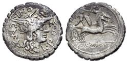 Ancient Coins - ROME REPUBLIC L. Pomponius Cn.f. 118 BC. AR Serrate Denarius. Narbo mint. R/ Gallic warrior (Bituitus?) driving galloping biga