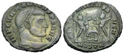 Ancient Coins - Maxentius (AD 306-312). Æ Follis. Ostia mint. R/ Wolf and twins between the Dioscuri