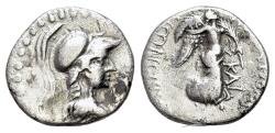 Ancient Coins - Caria, Tabai, 1st century BC. AR Hemidrachm. Kallikrates, son of Brachyllides, magistrate. Head of Athena R/ NIKE