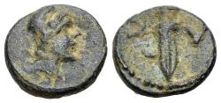 Ancient Coins - Islands of Caria, Astypalaia, c. 125-88 BC. Æ 14mm. Head of Perseus R/ A-C, Harpa. RARE