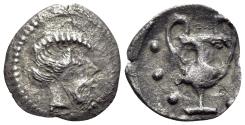 Ancient Coins - Sicily, Naxos, c. 461-430 BC. AR Hemilitron Head of Dionysos. R/ Kantharos RARE
