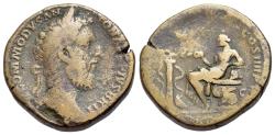 Ancient Coins - Commodus (AD 177-192). Æ Sestertius. Rome mint. Struck AD 184-185. R/ SALUS seated