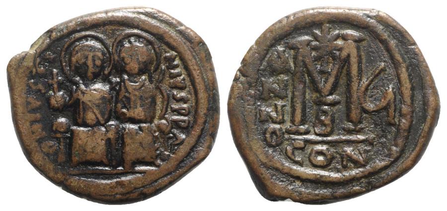 Ancient Coins - Justin II with Sophia (565-578). Æ 40 Nummi - Constantinople, year 6