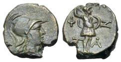 Ancient Coins - Aeolis, Temnos, c. 2nd-1st century BC. Æ 13mm. Head of Athena  R/ A-Θ T-A, Athena Promachos standing