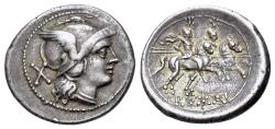 Ancient Coins - ROME REPUBLIC Anonymous (circa 214-213 BC) AR Denarius. Helmeted head of Roma R/ The Dioscuri NICE !!